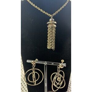 VTG Gold Tone Rope Chain Tassel Pendant  Necklace & Multi Hoop Galaxy Earrings